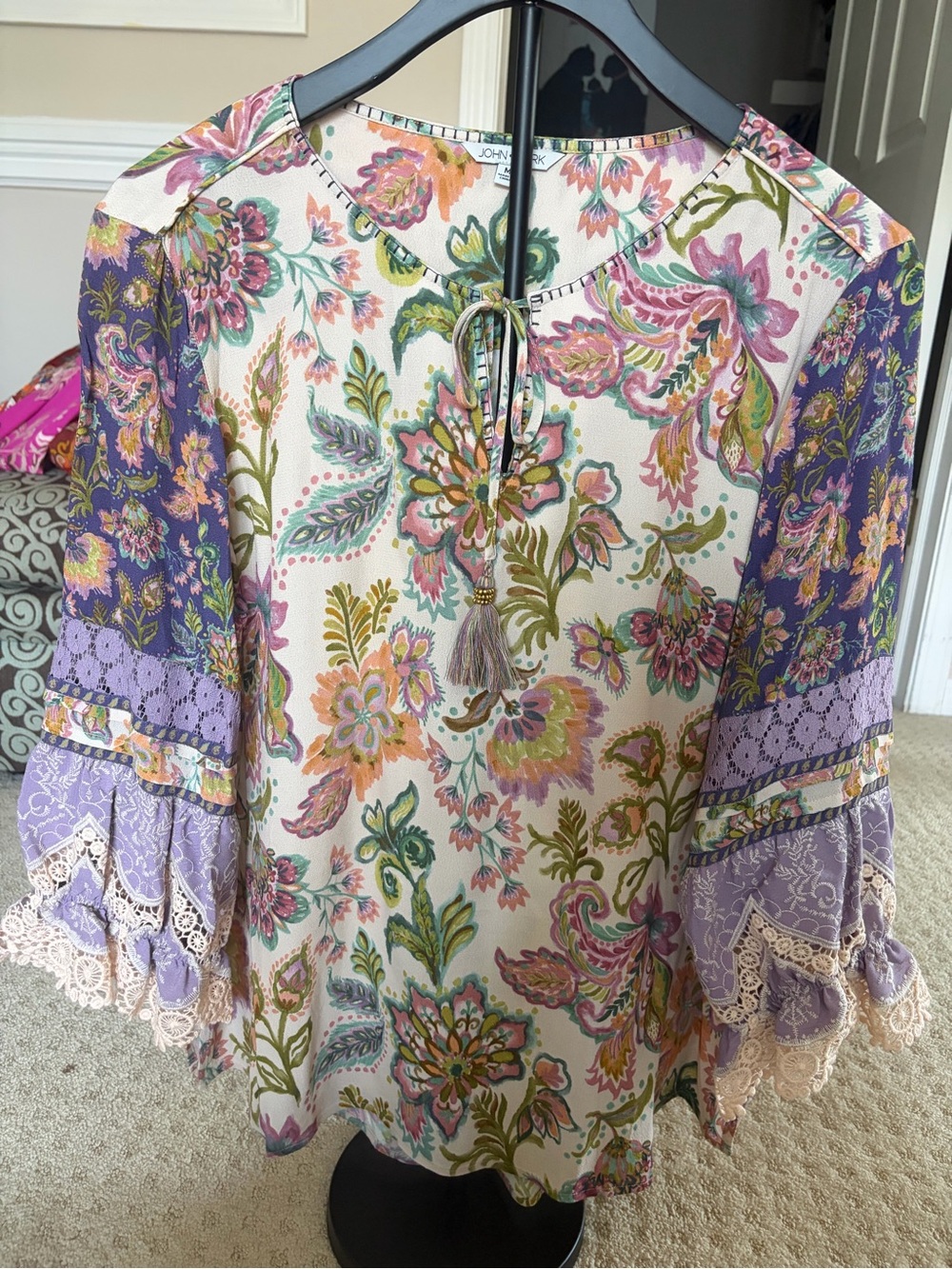 NWT John Mark Floral Boho Blouse in Cream, Purple, Pink, Green Size M